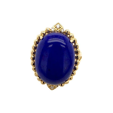 Image of Gold Jewelry - Fine Designer 14K Solid Gold Lapis Cabochon Oval Diamond Ring