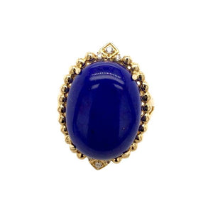 Gold Jewelry - Fine Designer 14K Solid Gold Lapis Cabochon Oval Diamond Ring