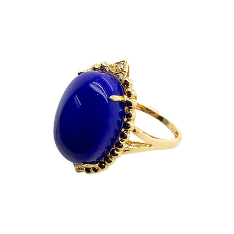 Image of Gold Jewelry - Fine Designer 14K Solid Gold Lapis Cabochon Oval Diamond Ring