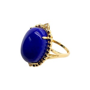 Gold Jewelry - Fine Designer 14K Solid Gold Lapis Cabochon Oval Diamond Ring