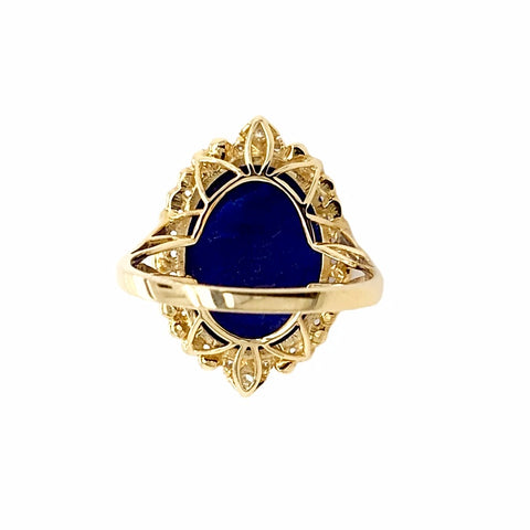 Image of Gold Jewelry - Fine Designer 14K Solid Gold Lapis Cabochon Oval Diamond Ring