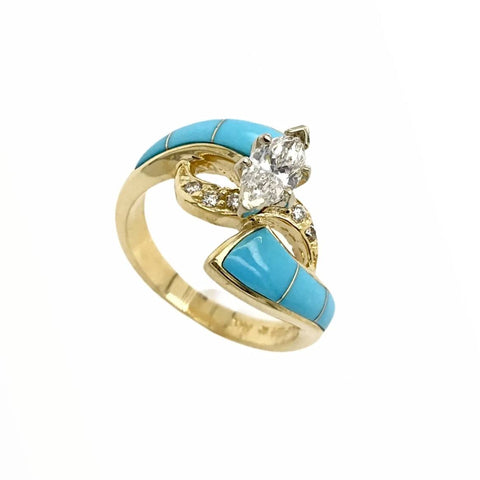 Image of Gold Jewelry - Fine Designer 14K Solid Gold Marquise .65 CT / .86 CTW Diamond & Sleeping Beauty Turquoise Ring