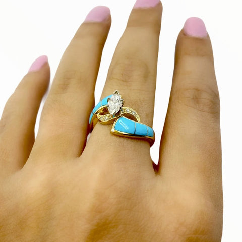 Image of Gold Jewelry - Fine Designer 14K Solid Gold Marquise .65 CT / .86 CTW Diamond & Sleeping Beauty Turquoise Ring