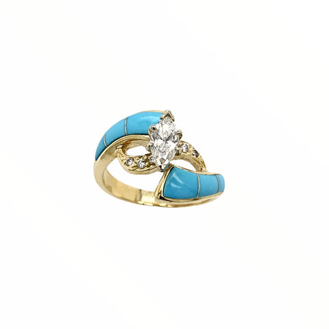 Image of Gold Jewelry - Fine Designer 14K Solid Gold Marquise .65 CT / .86 CTW Diamond & Sleeping Beauty Turquoise Ring