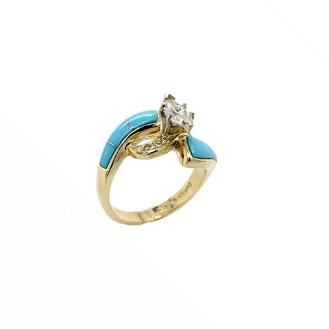 Image of Gold Jewelry - Fine Designer 14K Solid Gold Marquise .65 CT / .86 CTW Diamond & Sleeping Beauty Turquoise Ring