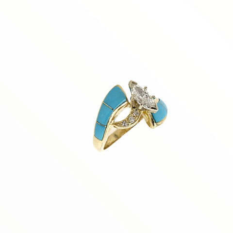 Image of Gold Jewelry - Fine Designer 14K Solid Gold Marquise .65 CT / .86 CTW Diamond & Sleeping Beauty Turquoise Ring