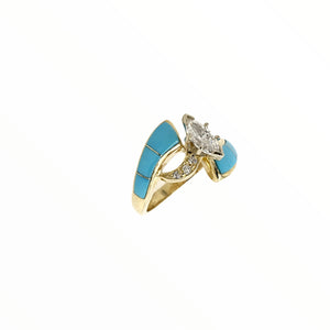 Gold Jewelry - Fine Designer 14K Solid Gold Marquise .65 CT / .86 CTW Diamond & Sleeping Beauty Turquoise Ring