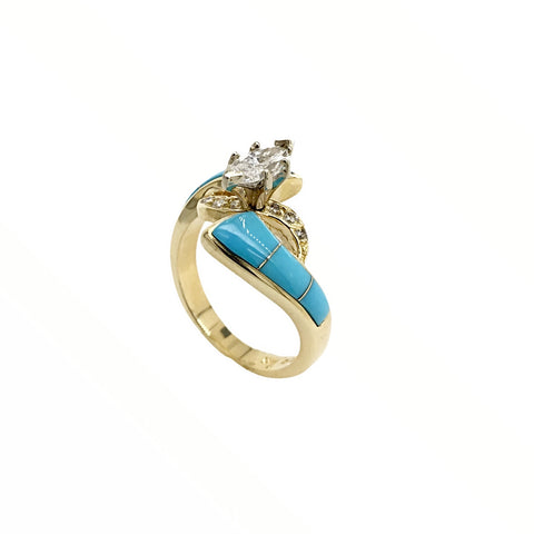 Image of Gold Jewelry - Fine Designer 14K Solid Gold Marquise .65 CT / .86 CTW Diamond & Sleeping Beauty Turquoise Ring