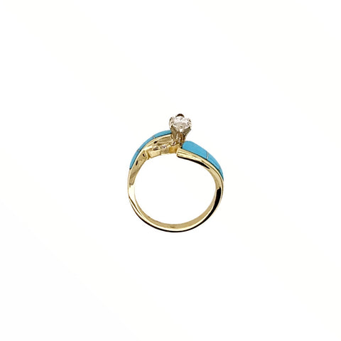 Image of Gold Jewelry - Fine Designer 14K Solid Gold Marquise .65 CT / .86 CTW Diamond & Sleeping Beauty Turquoise Ring