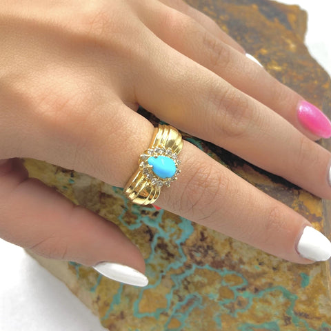 Image of Gold Jewelry - Fine Designer 14K Solid Gold Pear Pave Halo Diamond & Sleeping Beauty Turquoise Ring