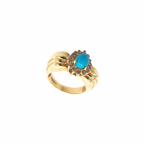 Image of Gold Jewelry - Fine Designer 14K Solid Gold Pear Pave Halo Diamond & Sleeping Beauty Turquoise Ring