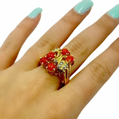 Gold Jewelry - Fine Designer 14K Solid Gold Red Coral & Diamond Bouquet Statement Ring