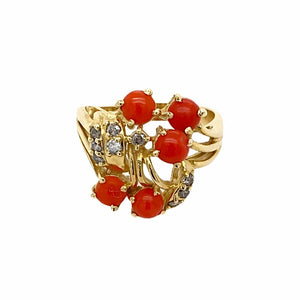 Gold Jewelry - Fine Designer 14K Solid Gold Red Coral & Diamond Bouquet Statement Ring