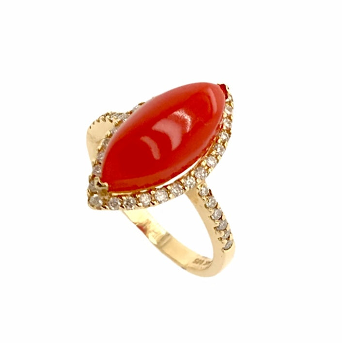Gold Jewelry - Fine Designer 14K Solid Gold Red Coral Marquise Halo Pave Diamond Ring