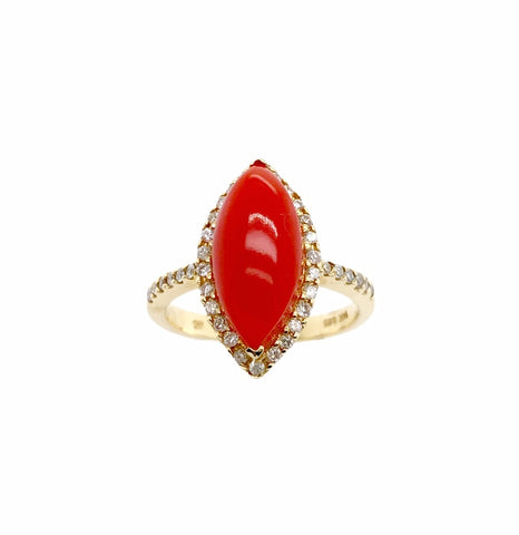 Image of Gold Jewelry - Fine Designer 14K Solid Gold Red Coral Marquise Halo Pave Diamond Ring