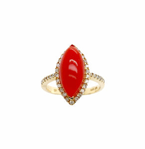 Gold Jewelry - Fine Designer 14K Solid Gold Red Coral Marquise Halo Pave Diamond Ring