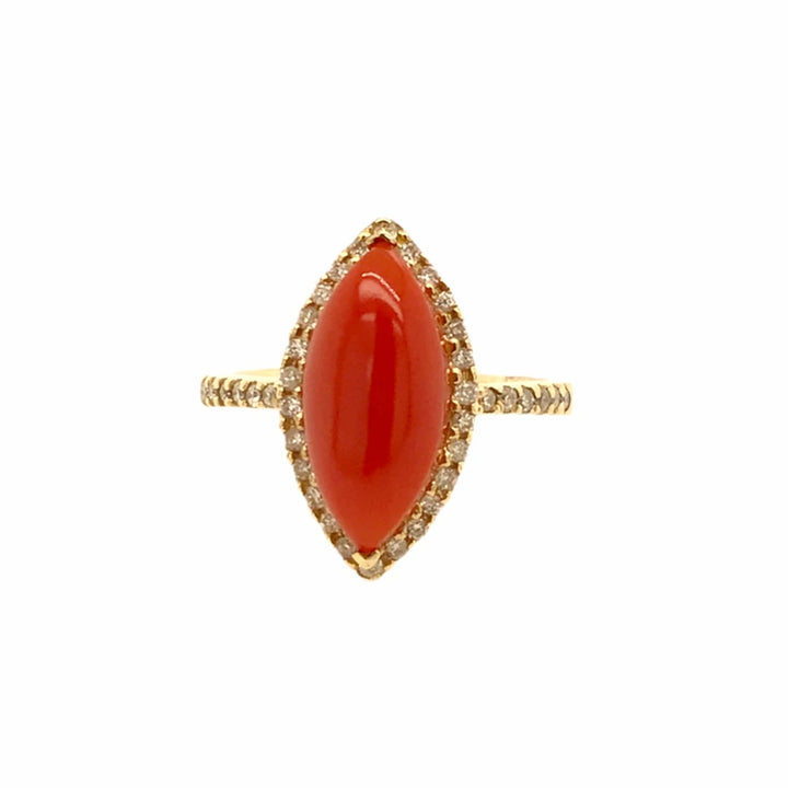 Gold Jewelry - Fine Designer 14K Solid Gold Red Coral Marquise Halo Pave Diamond Ring