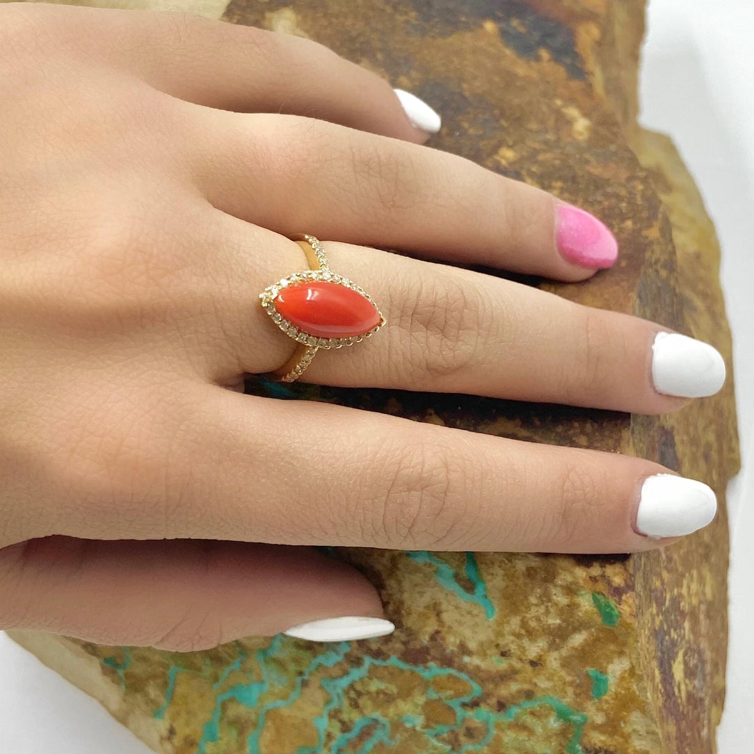 Gold Jewelry - Fine Designer 14K Solid Gold Red Coral Marquise Halo Pave Diamond Ring