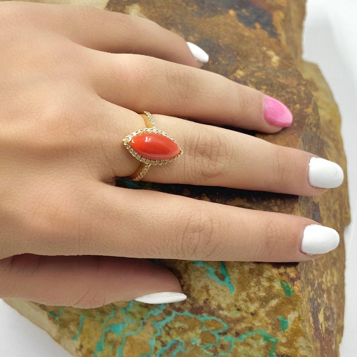 Gold Jewelry - Fine Designer 14K Solid Gold Red Coral Marquise Halo Pave Diamond Ring
