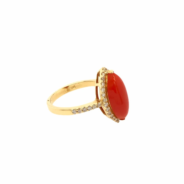 Gold Jewelry - Fine Designer 14K Solid Gold Red Coral Marquise Halo Pave Diamond Ring