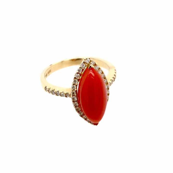Gold Jewelry - Fine Designer 14K Solid Gold Red Coral Marquise Halo Pave Diamond Ring