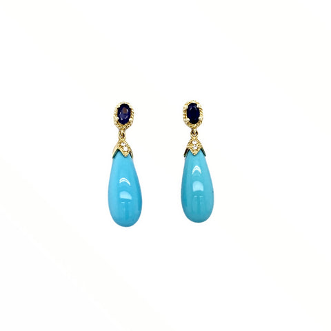 Gold Jewelry - Fine Designer 14K Solid Gold Sleeping Beauty Turquoise, .67CT Sapphire, & Diamonds Post Stud Dangle Earrings