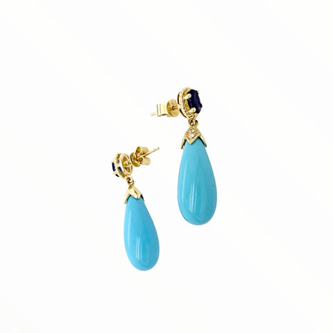 Image of Gold Jewelry - Fine Designer 14K Solid Gold Sleeping Beauty Turquoise, .67CT Sapphire, & Diamonds Post Stud Dangle Earrings