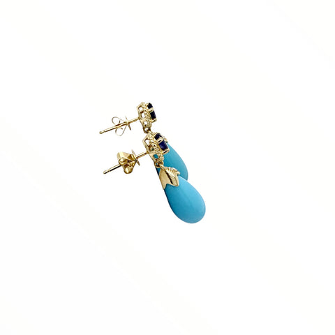 Image of Gold Jewelry - Fine Designer 14K Solid Gold Sleeping Beauty Turquoise, .67CT Sapphire, & Diamonds Post Stud Dangle Earrings