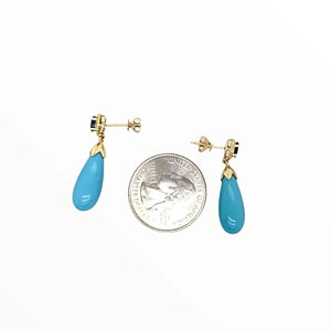 Gold Jewelry - Fine Designer 14K Solid Gold Sleeping Beauty Turquoise, .67CT Sapphire, & Diamonds Post Stud Dangle Earrings