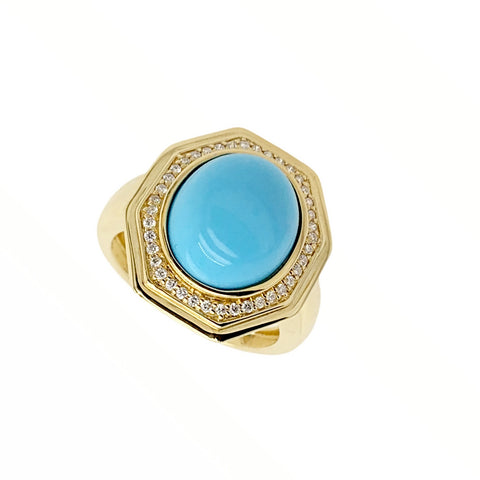 Image of Gold Jewelry - Fine Designer 14K Solid Gold Sleeping Beauty Turquoise & Diamond Halo Octagon Ring