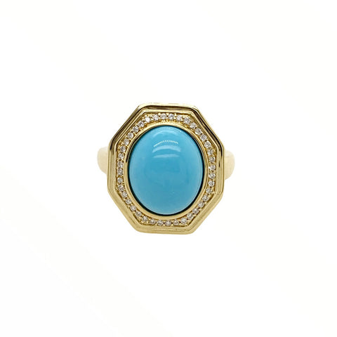 Image of Gold Jewelry - Fine Designer 14K Solid Gold Sleeping Beauty Turquoise & Diamond Halo Octagon Ring