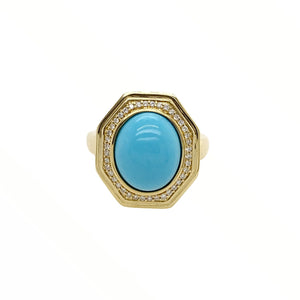 Gold Jewelry - Fine Designer 14K Solid Gold Sleeping Beauty Turquoise & Diamond Halo Octagon Ring