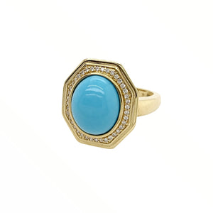 Gold Jewelry - Fine Designer 14K Solid Gold Sleeping Beauty Turquoise & Diamond Halo Octagon Ring
