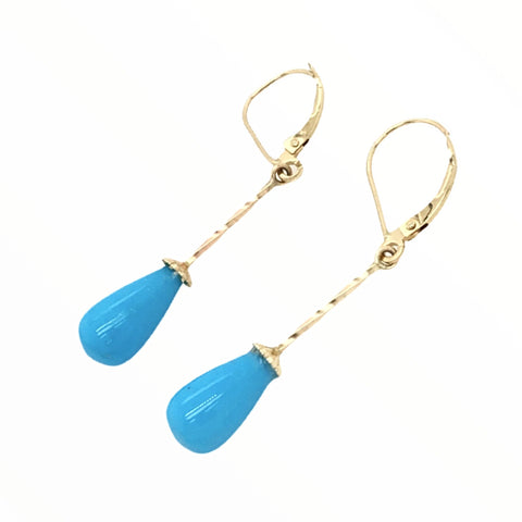 Image of Gold Jewelry - Fine Designer 14K Solid Gold Sleeping Beauty Turquoise Long Dangle Earrings
