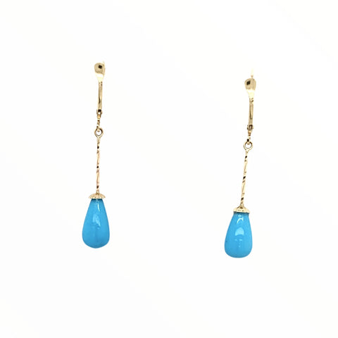 Image of Gold Jewelry - Fine Designer 14K Solid Gold Sleeping Beauty Turquoise Long Dangle Earrings