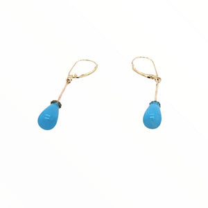Gold Jewelry - Fine Designer 14K Solid Gold Sleeping Beauty Turquoise Long Dangle Earrings