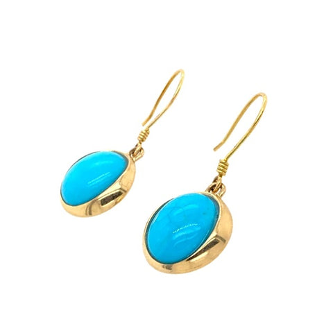 Image of Gold Jewelry - Fine Designer 14K Solid Gold Sleeping Beauty Turquoise Short Dangle French Hook Earrings