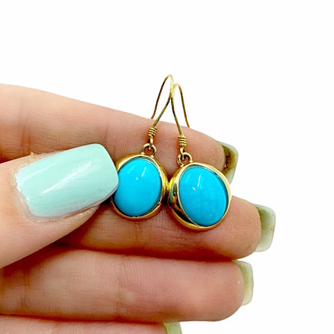 Image of Gold Jewelry - Fine Designer 14K Solid Gold Sleeping Beauty Turquoise Short Dangle French Hook Earrings
