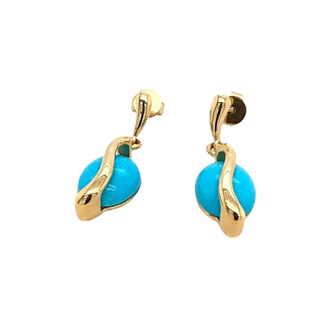 Image of Gold Jewelry - Fine Designer 14K Solid Gold Sleeping Beauty Turquoise Short Dangle Post Earrings