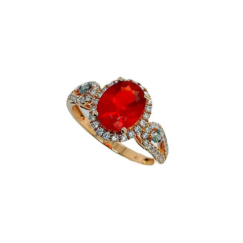 Image of Gold Jewelry - Fine Designer 14K Solid Rose Gold 1.18 CT Red Fire Opal & .44 Diamond Halo Ring