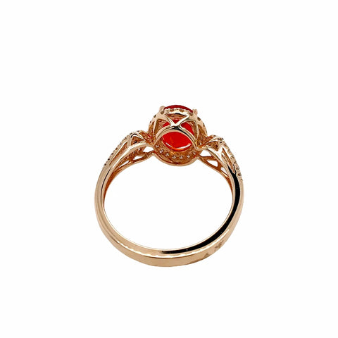Image of Gold Jewelry - Fine Designer 14K Solid Rose Gold 1.18 CT Red Fire Opal & .44 Diamond Halo Ring