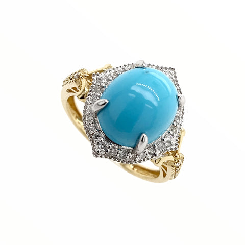 Image of Gold Jewelry - Fine Designer 14K Solid Yellow & White Gold Sleeping Beauty Turquoise & Diamond Halo Ring