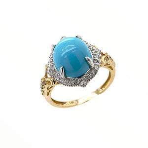 Gold Jewelry - Fine Designer 14K Solid Yellow & White Gold Sleeping Beauty Turquoise & Diamond Halo Ring