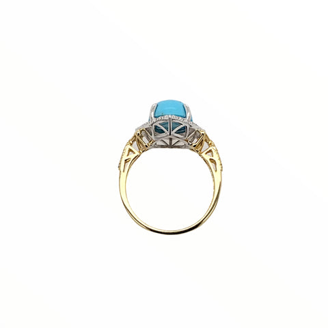 Image of Gold Jewelry - Fine Designer 14K Solid Yellow & White Gold Sleeping Beauty Turquoise & Diamond Halo Ring