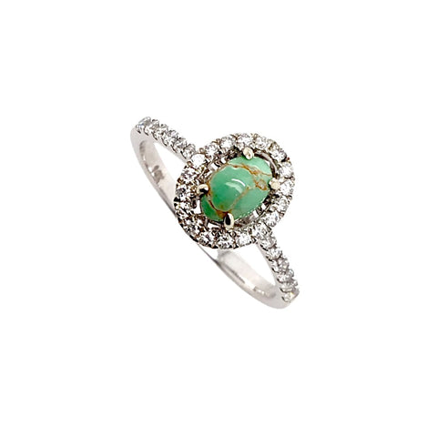 Image of Gold Jewelry - Fine Designer 14K White Gold Carico Lake Turquoise & .30 CTW Diamond Halo Cascading Pave Set Ring