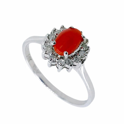 Image of Gold Jewelry - Fine Designer 14K White Gold Red Coral & Diamond Halo Ring