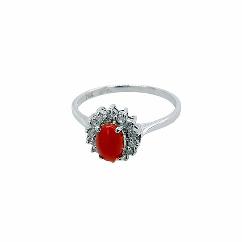 Image of Gold Jewelry - Fine Designer 14K White Gold Red Coral & Diamond Halo Ring