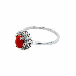 Gold Jewelry - Fine Designer 14K White Gold Red Coral & Diamond Halo Ring