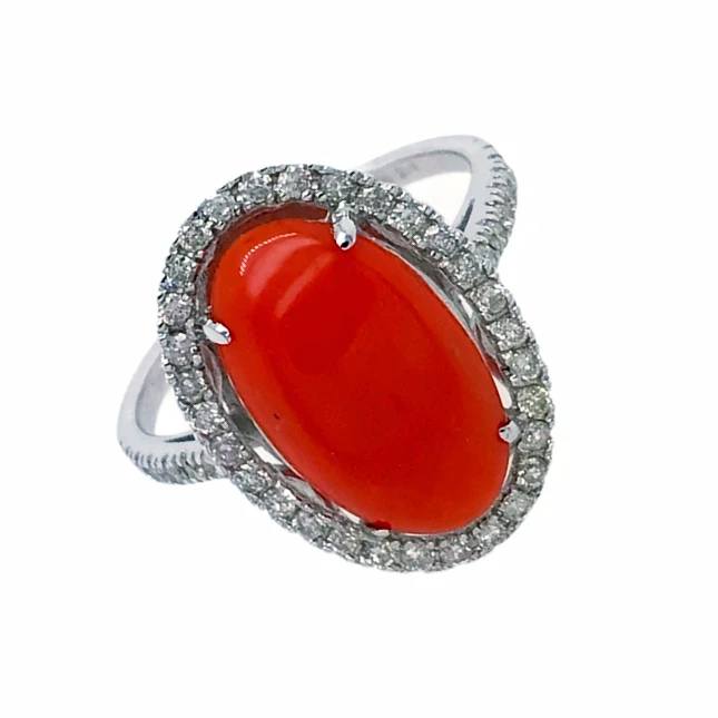 gold jewelry fine designer 14k white gold red coral long oval cabochon 34 ctw diamond halo cascading band ring