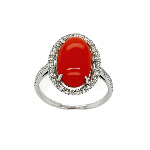 Image of Gold Jewelry - Fine Designer 14K White Gold Red Coral Long Oval Cabochon & .34 CTW Diamond Halo Cascading Band Ring